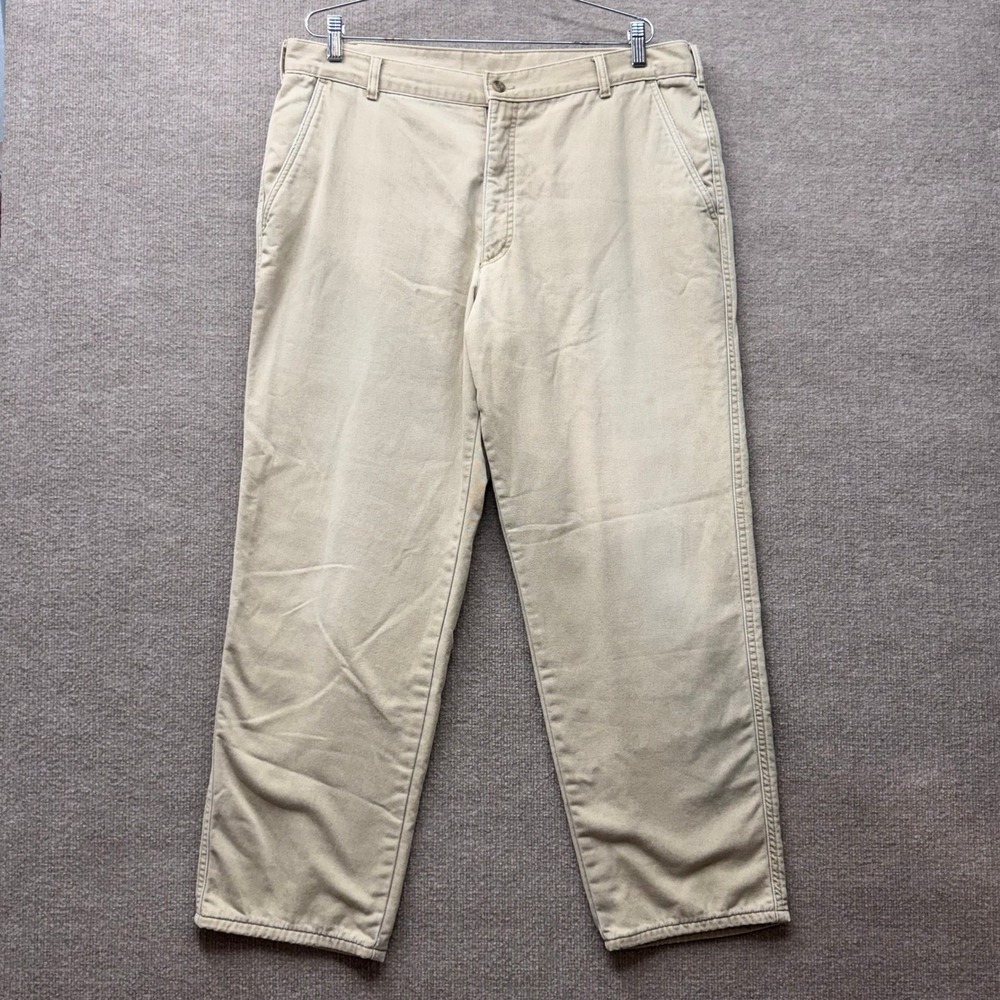 Woolrich Mens Khaki Fleece Lined Rugged Outdoorwear Pants 38x30 Plaid Lining